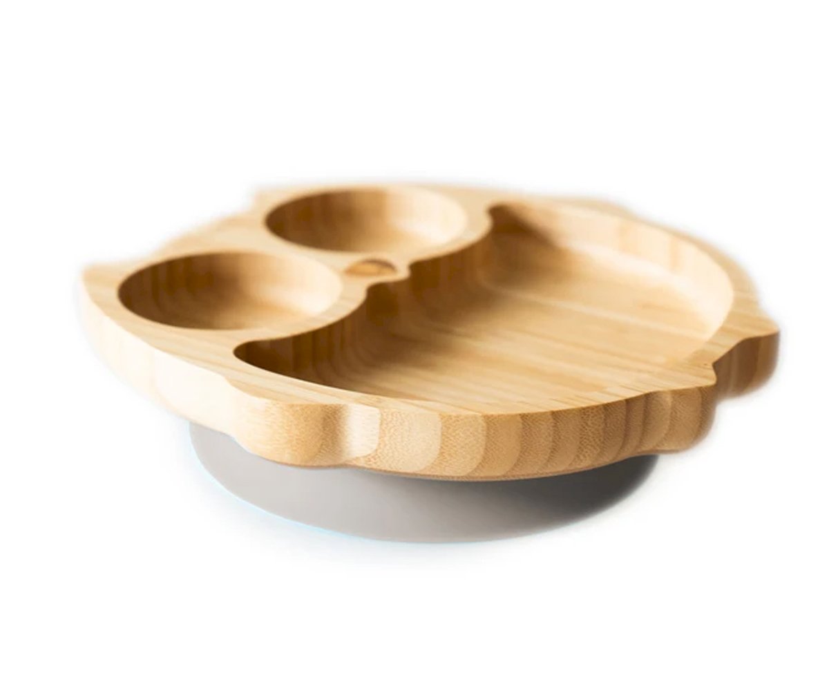 Piatto Ventosa Eco Bambù Gufo Grigio
