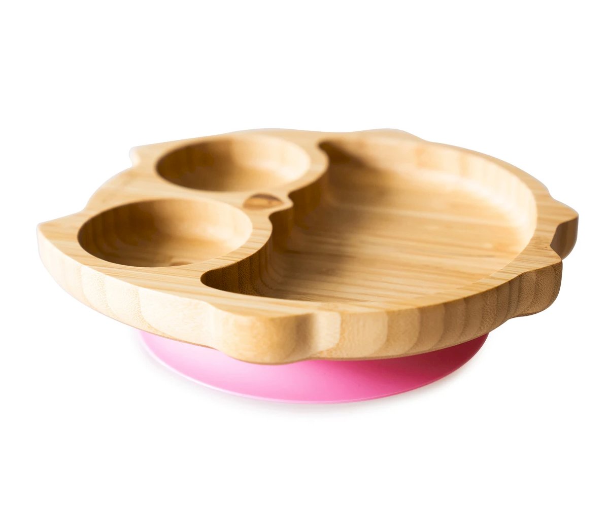 Piatto Ventosa Eco Bambù Gufo Rosa