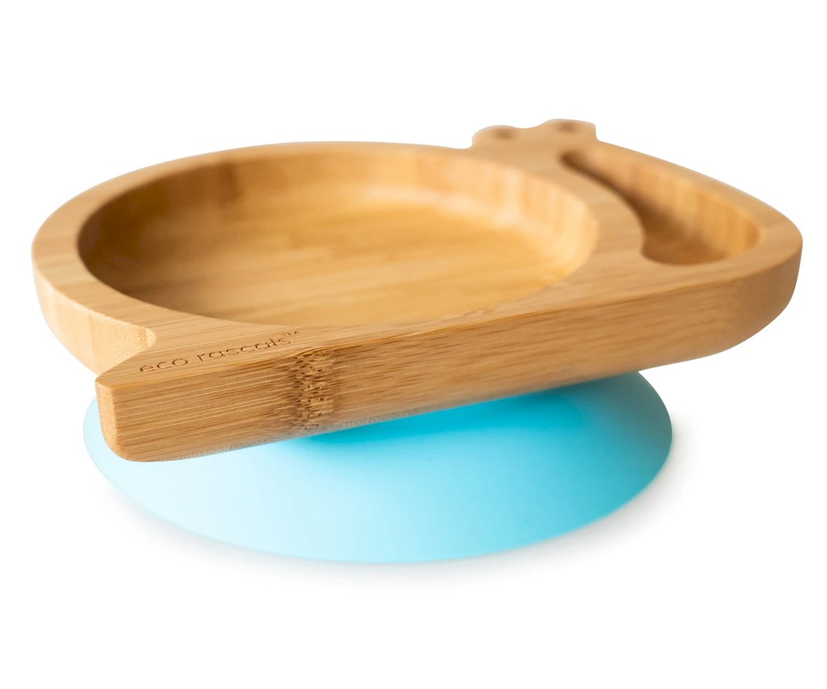 Plato Bambú con Ventosa Caracol Azul