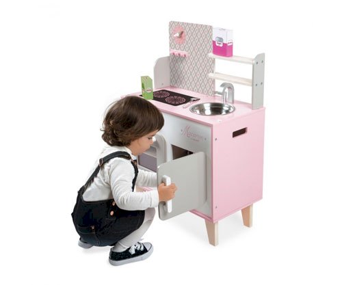 Cozinha de madeira Macaron branco e rosa