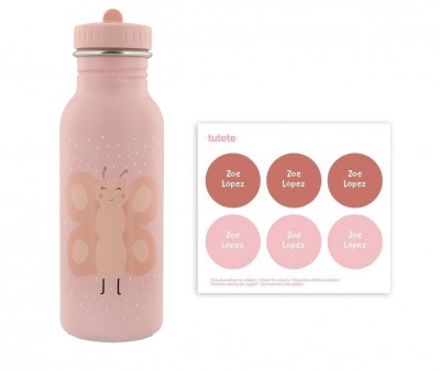 Botella Acero Trixie Mrs. Butterfly 500ml + 6 Pegatinas Redondas Rose Regalo