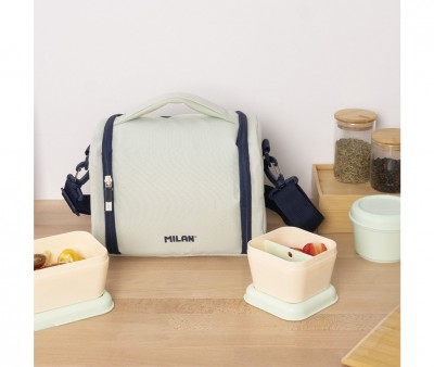 Borsa Termica Milan 460 Since 1918 – 3,5L Con 2 Contenitori, Beige Con Gufi Blu, Porta Pranzo Isotermico