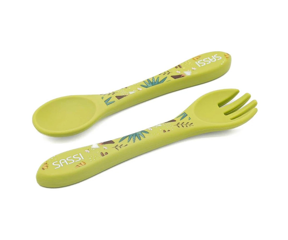 Cuchara y Tenedor de Silicona Dinosaurio