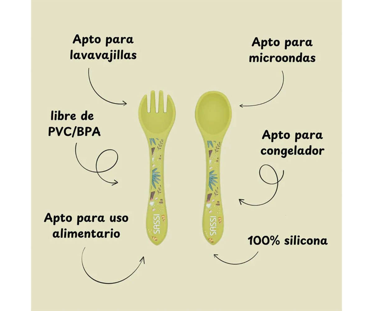 Cuchara y Tenedor de Silicona Dinosaurio