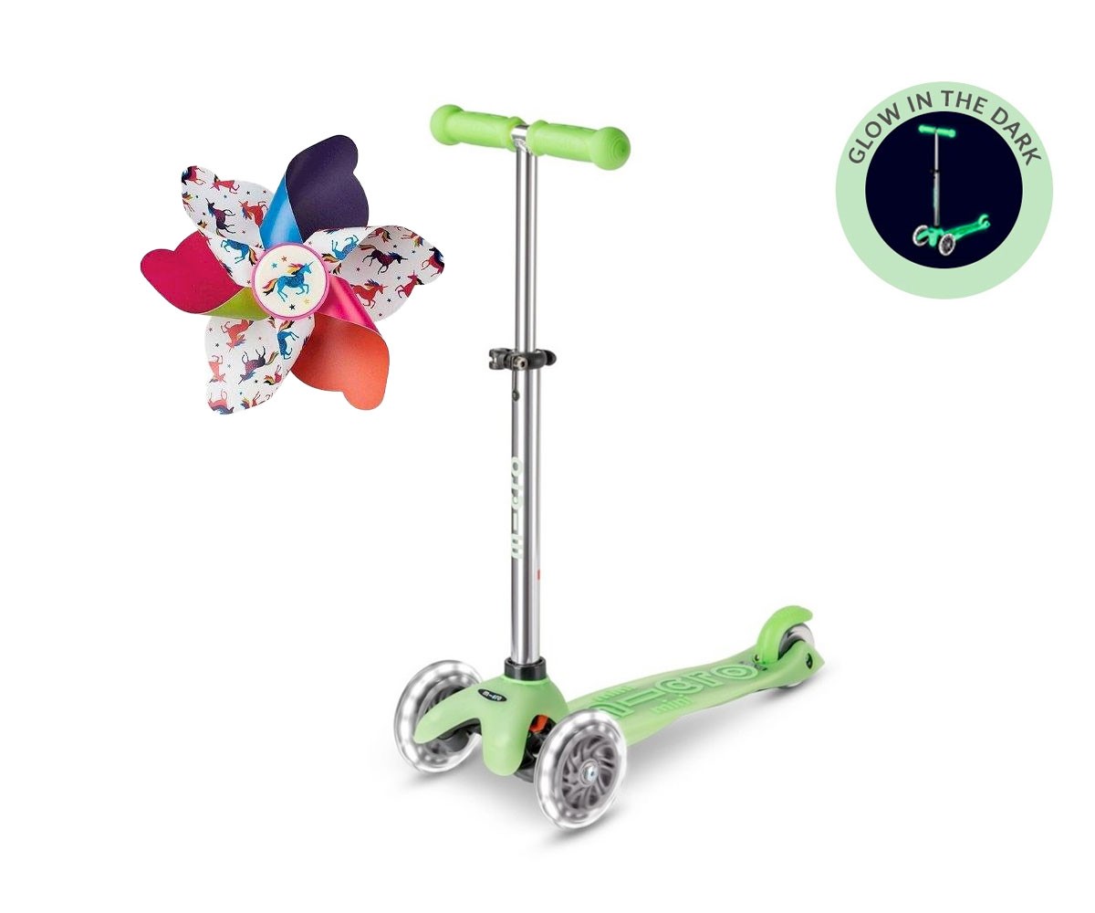 Patinete Mini Micro Deluxe Glow Lime con Luces LED + Molinillo Unicornio