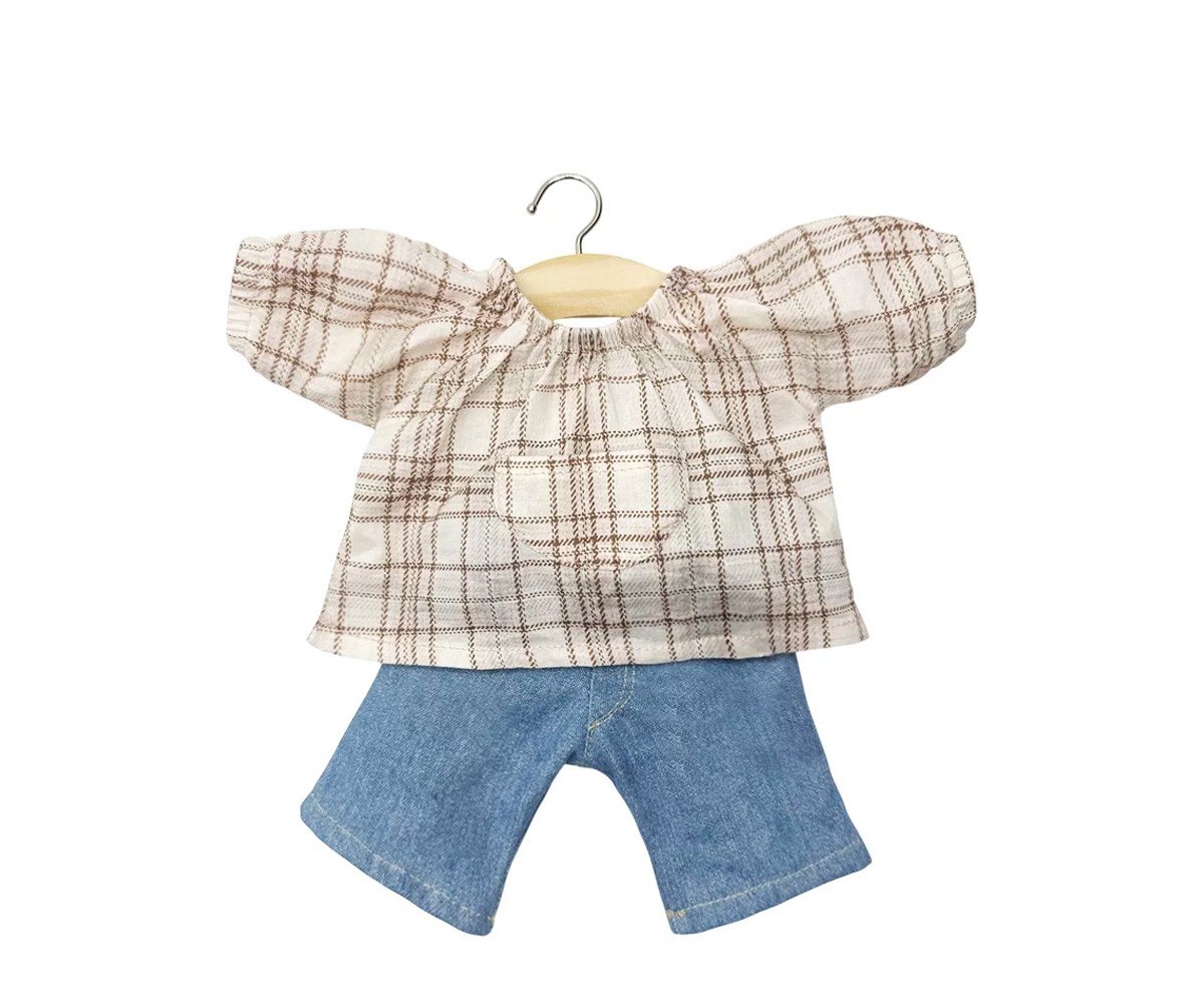 Ensemble Rentrée Scolaire avec Blouse à Carreaux et Pantalon en Denim Bleu pour Poupées Gordis