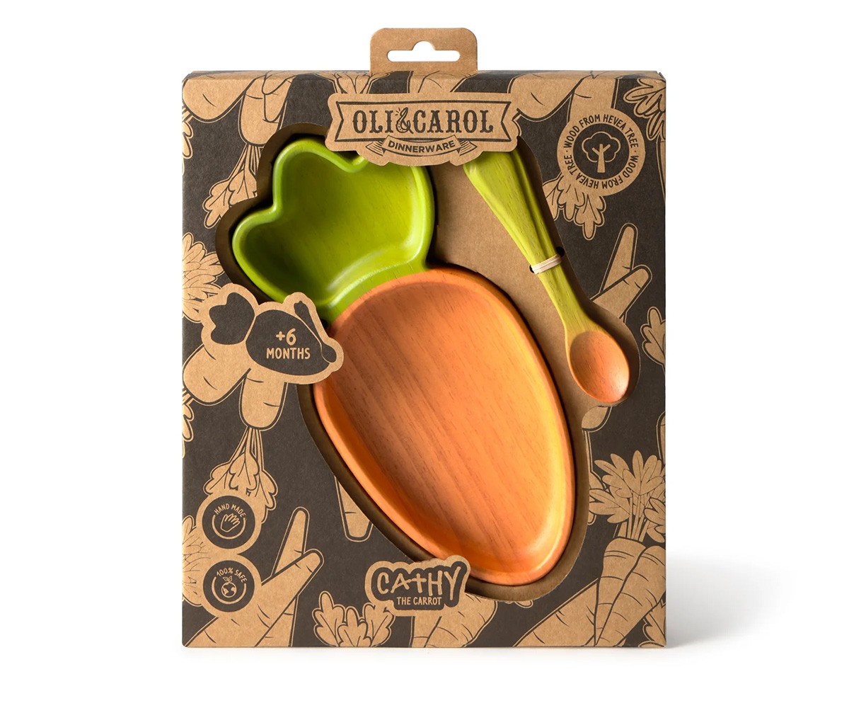Vajilla Infantil Plato y Cuchara de Madera Cathy The Carrot