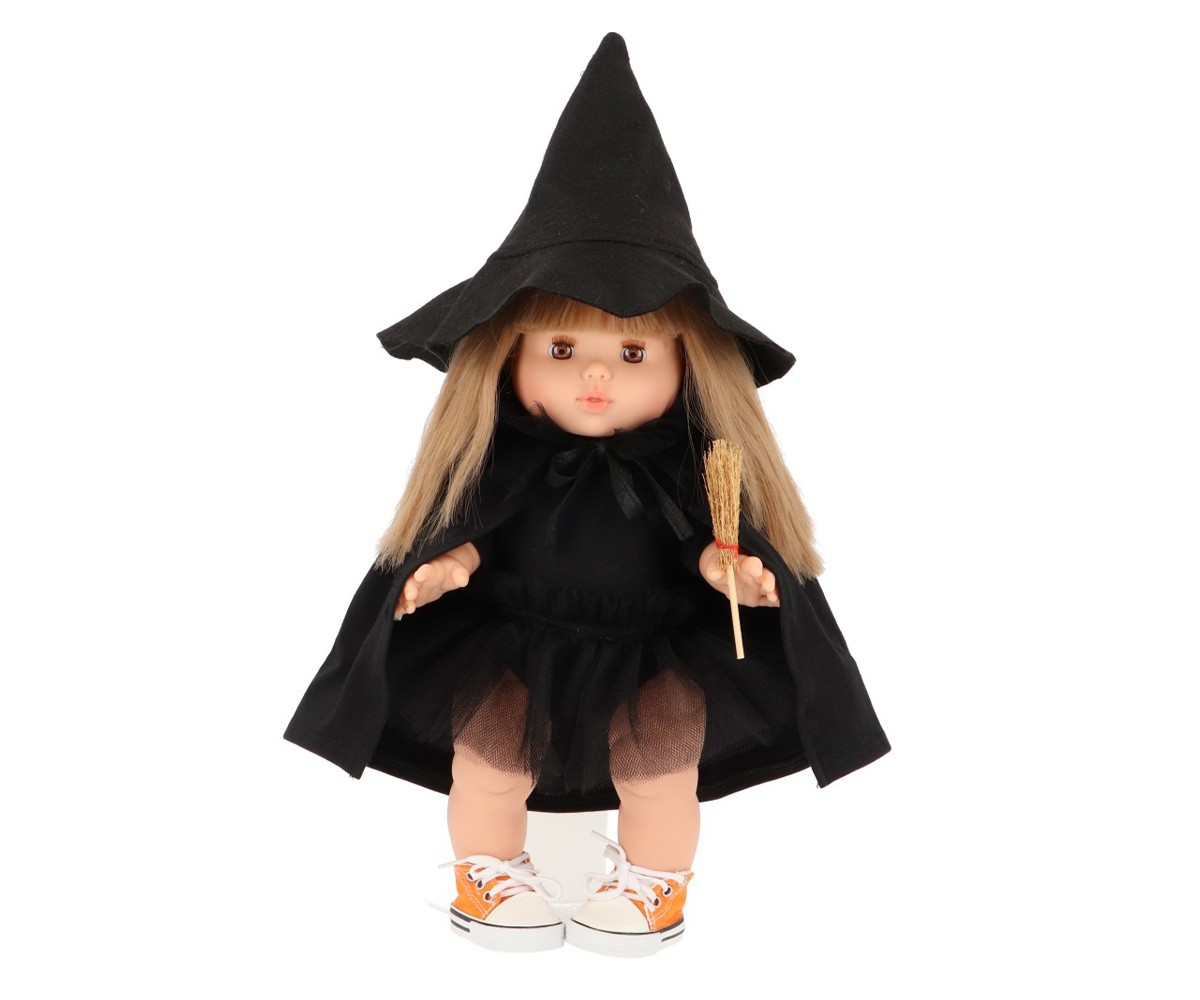 Muñeca Gordis Nina con Disfraz de Brujita, Capa y Komvers Naranja