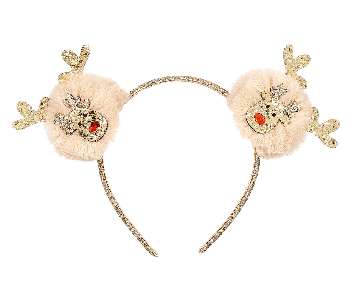 Diadema Navideña con Pompones y Renos Purpurina