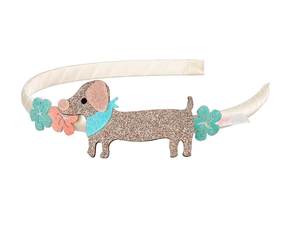 Diadema Infantil Puck Glitter con Flores y Perrito Dachsund