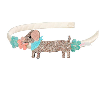 Diadema Infantil Puck Glitter con Flores y Perrito Dachsund