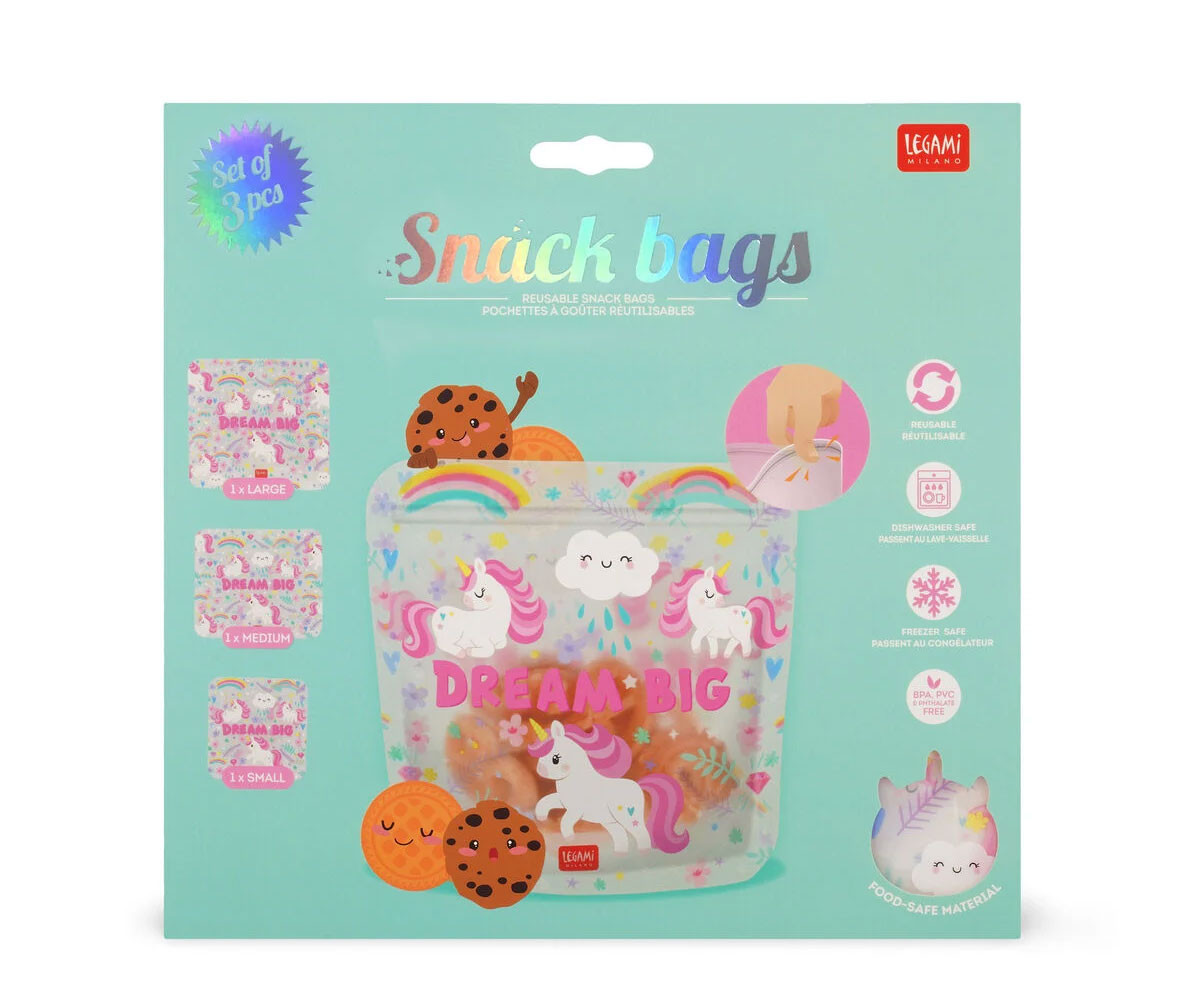3 Buste Snack Riutilizzabili Unicorn
