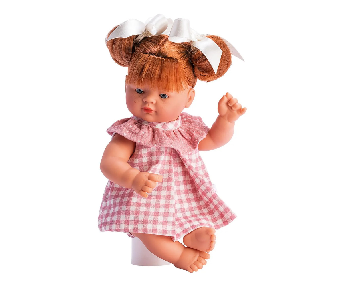 Muñeco Guille Vestido de Cuadros Rosas y Cuello de Gasa Rosa