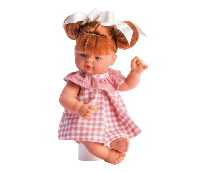 Muñeco Guille Vestido de Cuadros Rosas y Cuello de Gasa Rosa