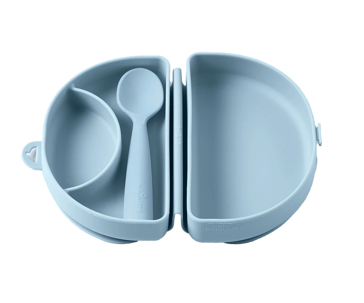 Set de Plato y Cuchara de Silicona Plegable Azul