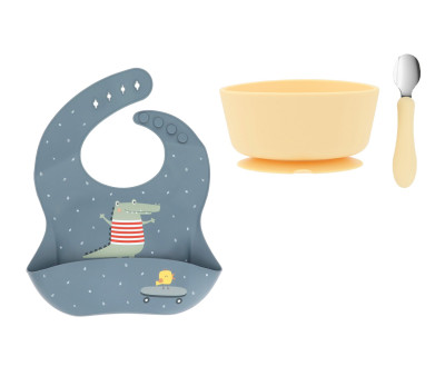 Pack Baby Meal Babero Silicona Croc + Bol Silicona y Cuchara Acero Sun