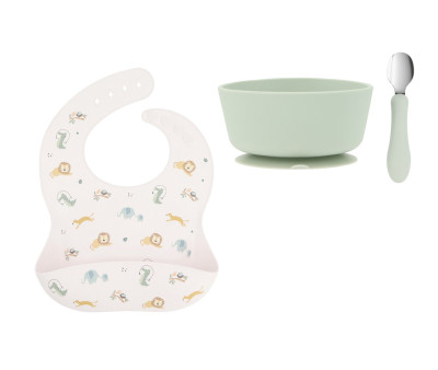 Pack Baby Meal Babero Silicona Savannah + Bol Silicona y Cuchara Acero Sage