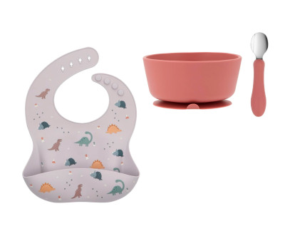 Pack Baby Meal Babero Silicona Dinos World + Bol Silicona y Cuchara Acero Brick Blush