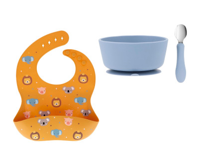 Pack Baby Meal Babero Silicona Animal Friends + Bol Silicona y Cuchara Acero Ocean Blue