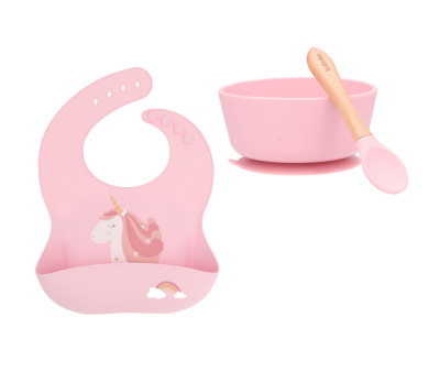 Pack Baby Meal Babero Silicona Magical Unicorn + Bol Silicona y Cuchara Pink