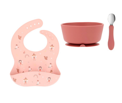 Pack Baby Meal Babero Silicona Wild Fairies + Bol Silicona y Cuchara Acero Brick Blush