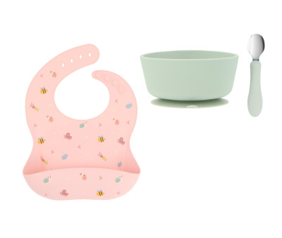 Pack Baby Meal Babero Silicona Bugs + Bol Silicona y Cuchara Acero Sage