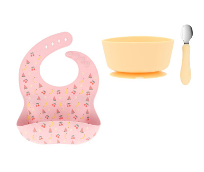 Pack Baby Meal Babero Silicona Fruits + Bol Silicona y Cuchara Acero Sun