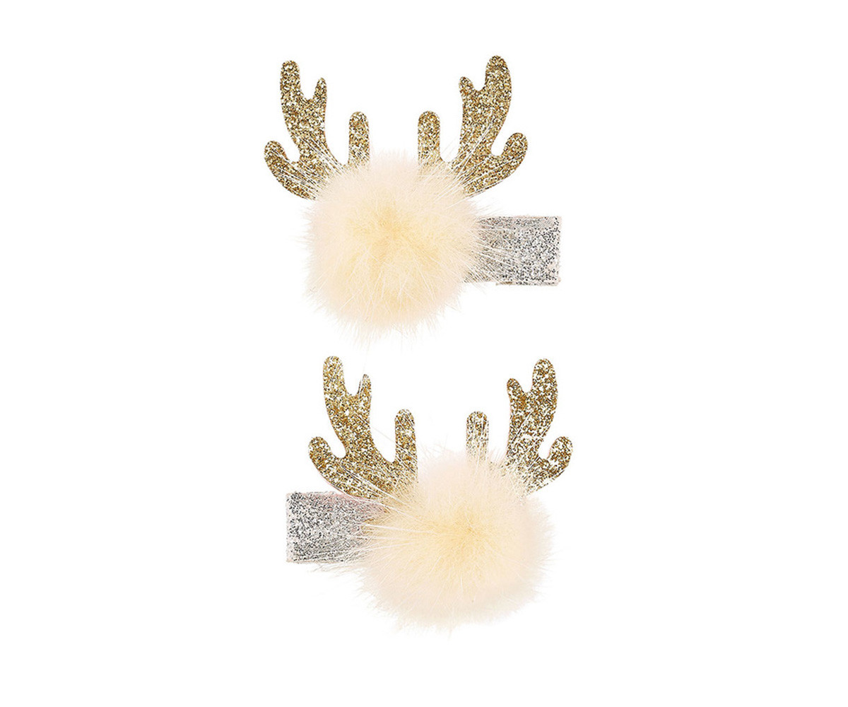 2 Clip Capelli con Pompon e Corna di Renna