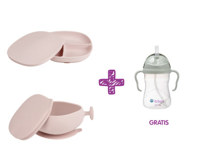 PROMO Plato y Cuenco de Silicona BLush + Taza con Pajita Sage