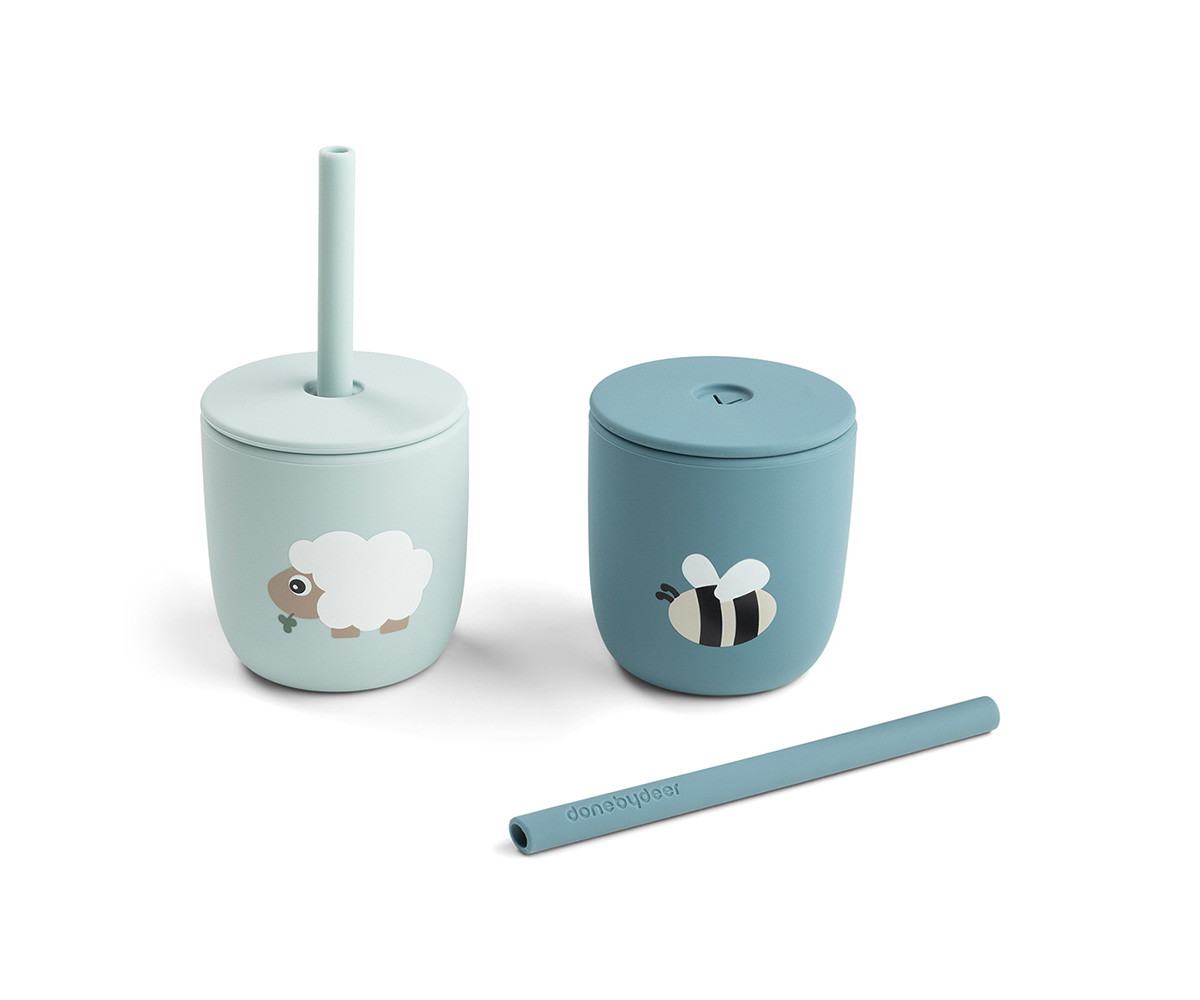 2 Bicchieri con Cannuccia Tiny Farm Blue