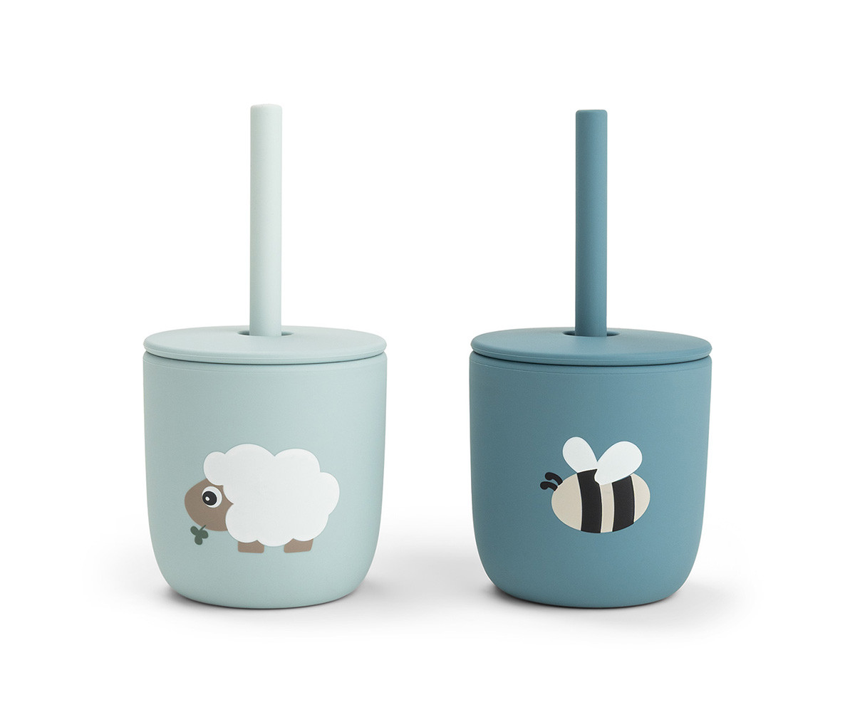 2 Bicchieri con Cannuccia Tiny Farm Blue