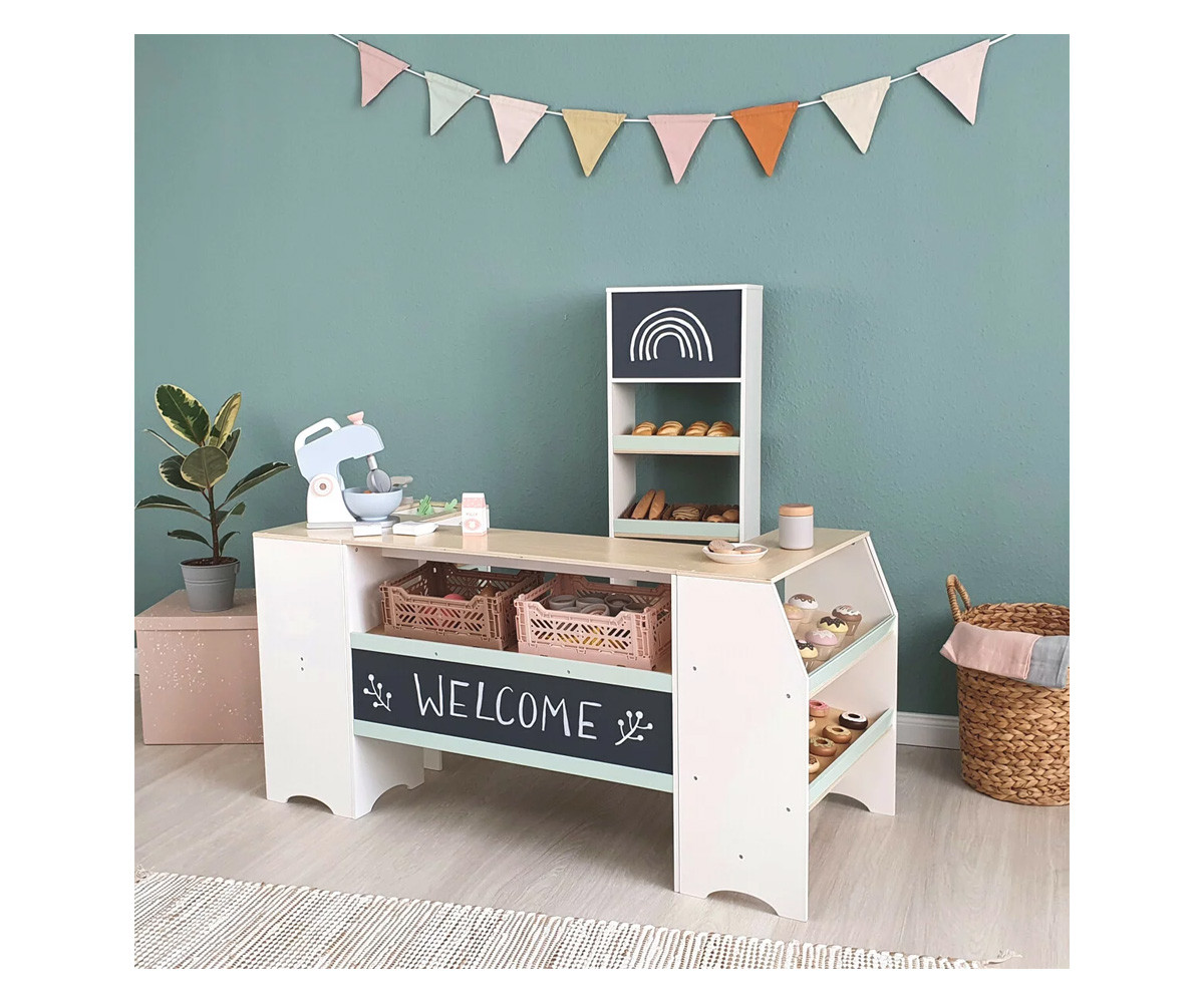 Boutique et Kitchenette Modulaires Blanc/Naturel/Menthe