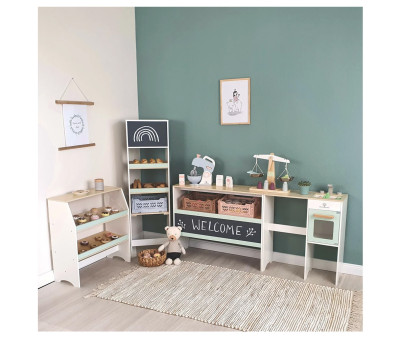 Boutique et Kitchenette Modulaires Blanc/Naturel/Menthe