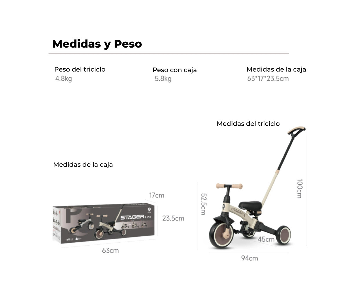 Triciclo y Bicicleta de Equilibrio Trike Stager 3 en 1 Beige (2-6 años)