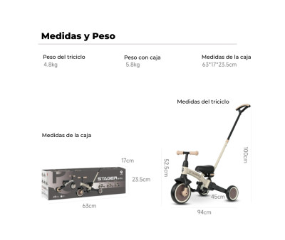 Triciclo y Bicicleta de Equilibrio Trike Stager 3 en 1 Beige (2-6 años)