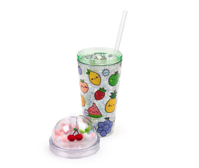 Vaso de Plástico de Doble Pared con Pajita y Adornos Foodiemals Frutas