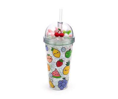 Vaso de Plástico de Doble Pared con Pajita y Adornos Foodiemals Frutas