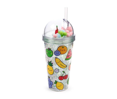 Vaso de Plástico de Doble Pared con Pajita y Adornos Foodiemals Frutas
