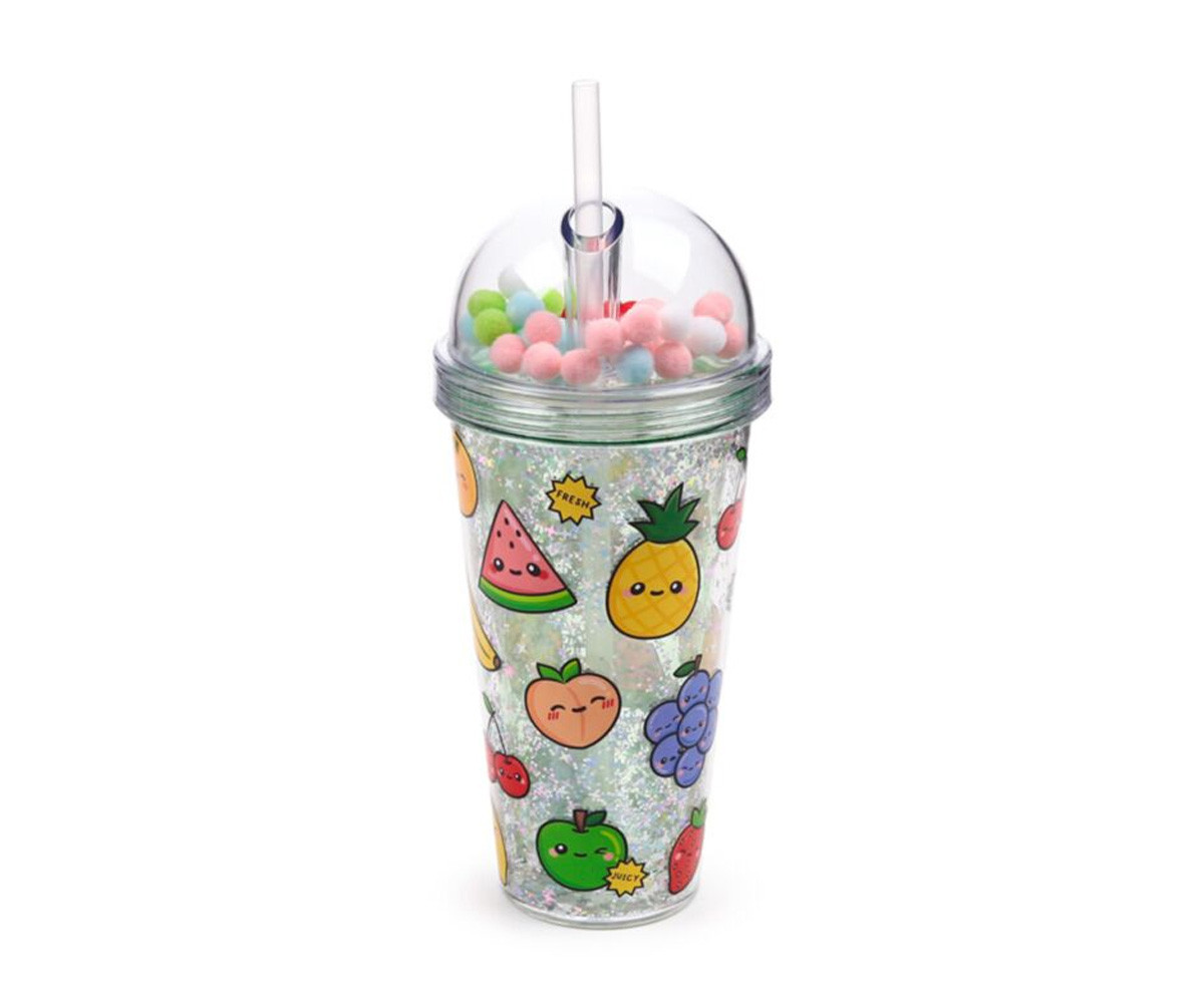 Vaso de Plástico de Doble Pared con Pajita y Adornos Foodiemals Frutas