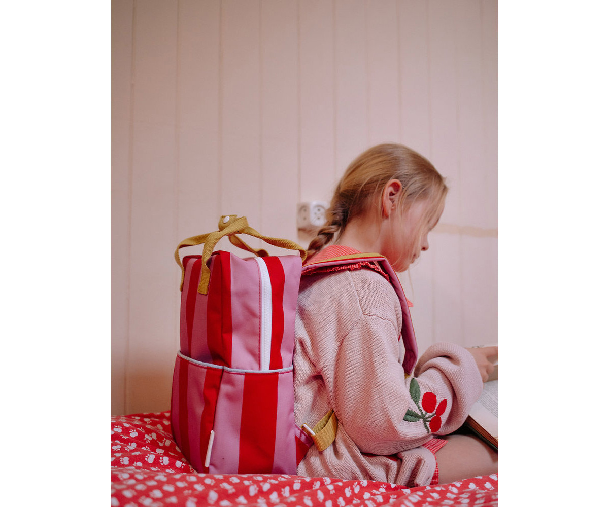Mochila Escolar Mediana Personalizable Stripes Red Apple + Rosebay Pink