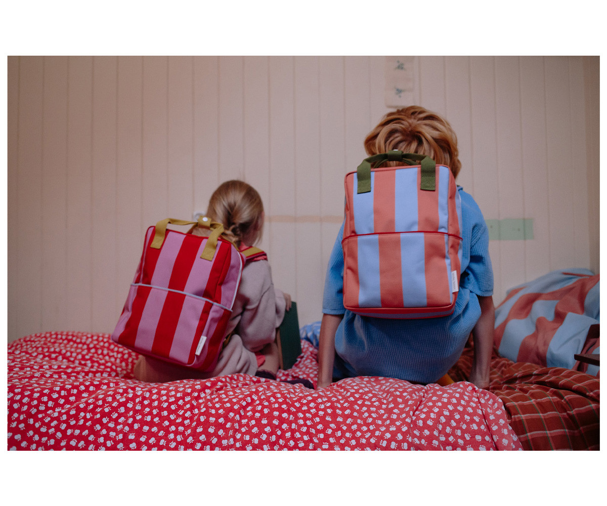Mochila Escolar Mediana Personalizable Stripes Red Apple + Rosebay Pink