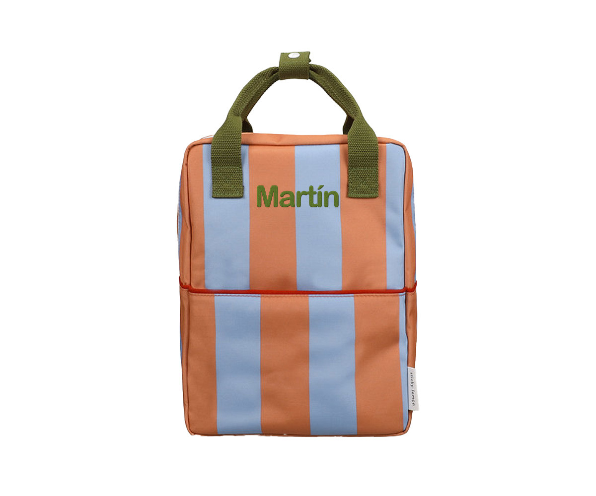 Mochila Escolar Mediana Personalizable Stripes Cloud Blue + Maple Whirl