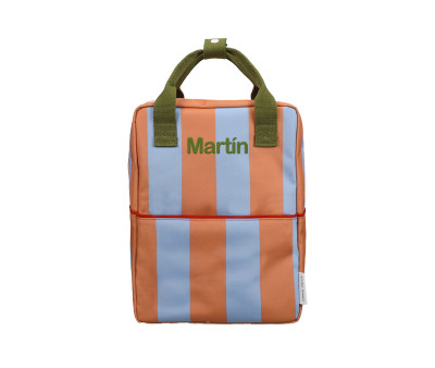 Mochila Escolar Mediana Personalizable Stripes Cloud Blue + Maple Whirl