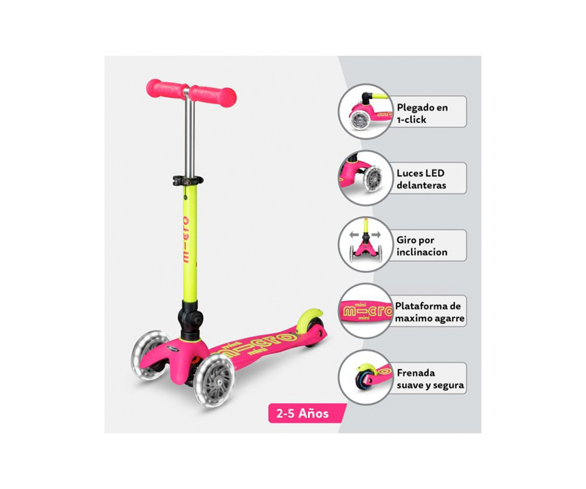 Patinete Plegable Mini Micro Deluxe Neon Rosa/Amarillo Luces LED