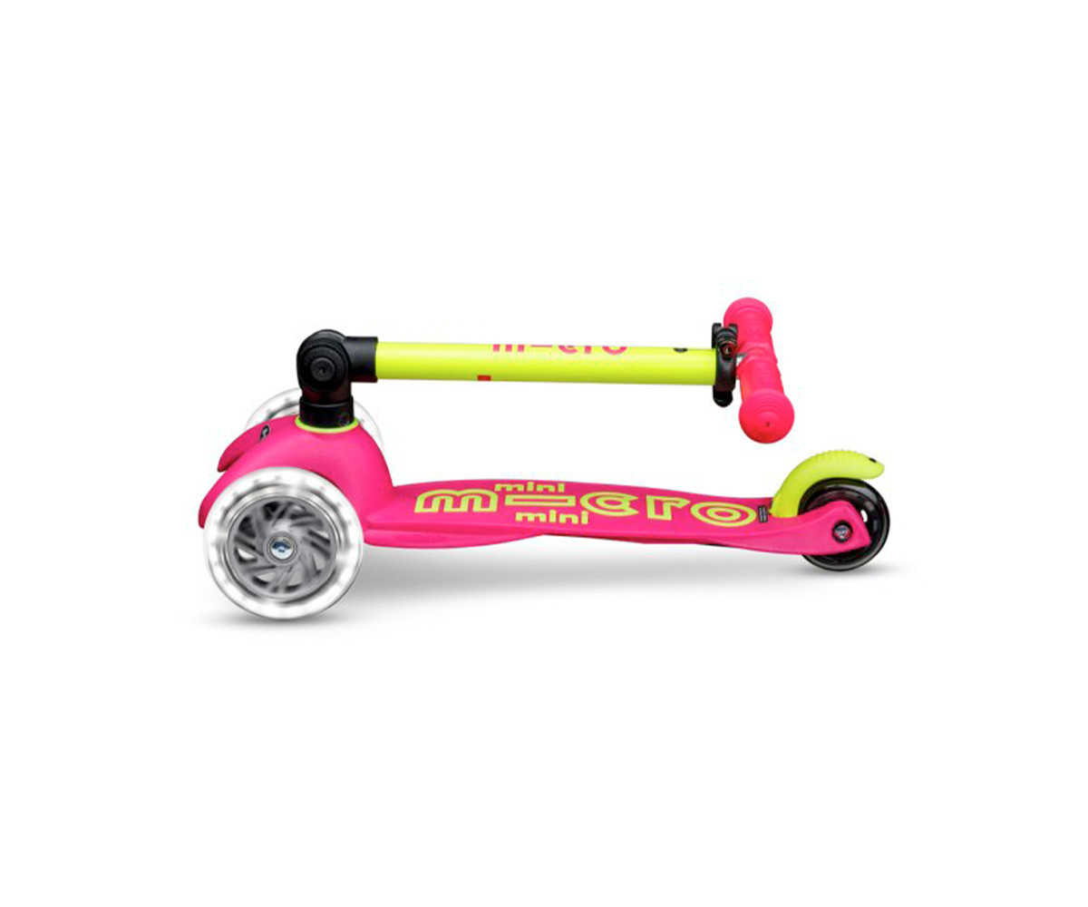 Patinete Plegable Mini Micro Deluxe Neon Rosa/Amarillo Luces LED