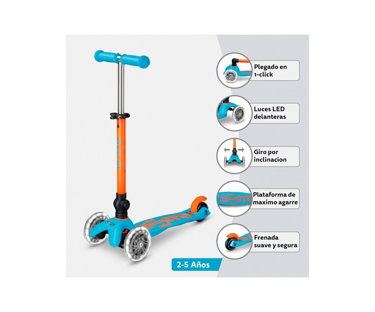 Patinete Plegable Mini Micro Deluxe Neon Azul/Naranja Luces LED