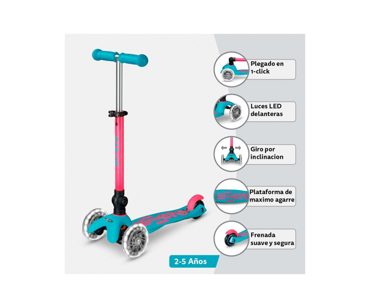 Patinete Plegable Mini Micro Deluxe Neon Aqua/Fucsia Luces LED