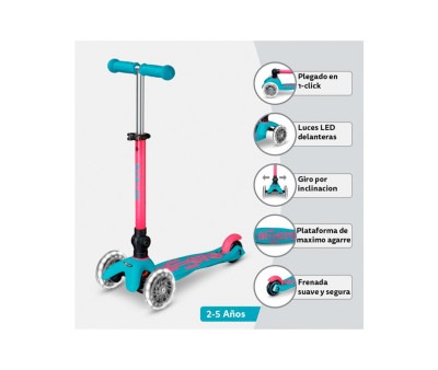 Patinete Plegable Mini Micro Deluxe Neon Aqua/Fucsia Luces LED