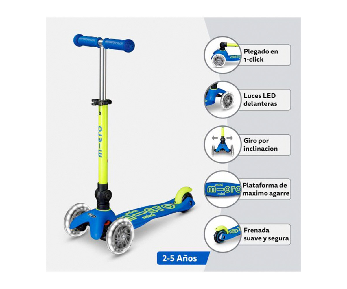 Patinete Plegable Mini Micro Deluxe Neon Azul/Amarillo Luces LED