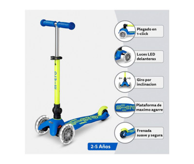 Patinete Plegable Mini Micro Deluxe Neon Azul/Amarillo Luces LED